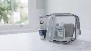 Travel-friendly packaging of a premium toothbrush and toothpaste set designed for on-the-go gum recession protection.