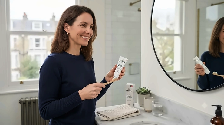 A box of top-rated gum repair toothpaste and a toothbrush on a clean bathroom sink, accompanying a comprehensive UK expert review. gum repair toothpaste review
