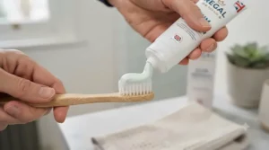 Squeezing a stripe of soothing daily gum repair toothpaste onto soft toothbrush bristles for a sensitive clean.
