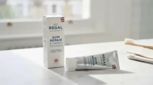 The front packaging and tube of a leading UK gum care toothpaste brand displayed on a neutral surface.