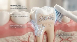 Diagram explaining how specialised toothpaste for gum recession protects exposed tooth roots and strengthens enamel.