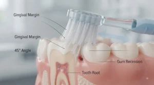 Step-by-step diagram showing the modified Bass technique at a 45-degree angle to protect vulnerable gums.