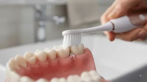 Step-by-step graphic showing a 45-degree angle brush placement against the gums.