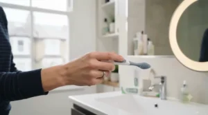 Demonstrating the correct ergonomic grip for using a rubber tip gum stimulator at home.