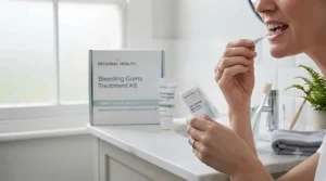 Close-up of a person using a soft-bristled toothbrush with specialist toothpaste from a bleeding gums treatment kit for daily oral care.