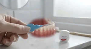 Interdental brushes and dental floss used alongside toothpaste for bleeding gums to clean tight spaces.
