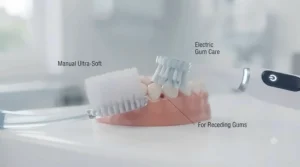 Comparison side-by-side of a soft manual toothbrush and an electric toothbrush with a pressure sensor.