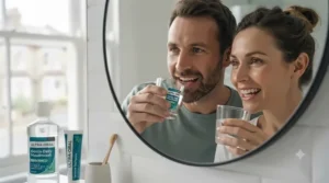Botanical elements like mint leaves and aloe vera placed next to a gentle herbal mouthwash bottle.
