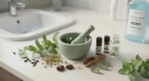 A flat lay composition of natural ingredients used in ORALME Gentle Care, including fresh mint sprigs, chamomile flowers, and aloe vera on a bathroom counter.