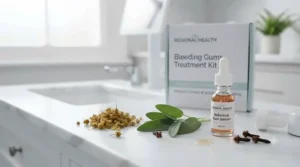 Natural botanical ingredients and soothing formula tube included in a premium bleeding gums treatment kit for sensitive oral tissue.
