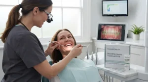 A patient smiling during a routine dental check-up at a UK dental practice, discussing bleeding gums treatment with a dentist.