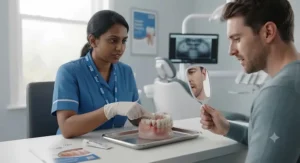 A British patient discussing oral health care and bleeding gums with a dental professional in a modern UK dental surgery.
