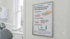 Infographic outlining NHS oral hygiene advice for preventing further gum recession and tooth sensitivity.