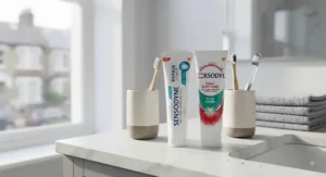 A photorealistic depiction of a consultation in a modern UK dental surgery. A dentist, wearing an NHS lanyard, explains a digital tooth diagram on a tablet to a patient. Various toothpaste tubes, including Sensodyne and Corsodyl, are visible on the desk.