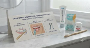 Informational graphic outlining daily oral hygiene routines aligned with NHS guidance for healthy gums.