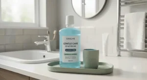Close-up of the ORALME Gentle Care Alcohol-Free Oral Rinse bottle, highlighting its soothing properties for sensitive gums and teeth.