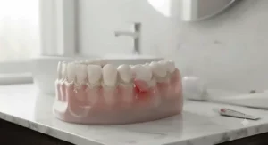 Diagram showing dental plaque accumulation along the gum line, a primary cause of gingivitis and gum bleeding.