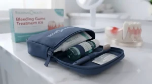 Compact travel-size bleeding gums treatment kit packed neatly in a wash bag for oral care on the go.