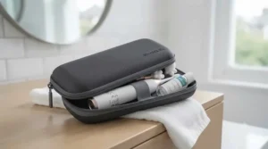 A sleek, waterproof charcoal grey travel case, partially unzipped, revealing the electric gum massager and a small bottle of gum tonic securely packed inside, resting on a wooden vanity.