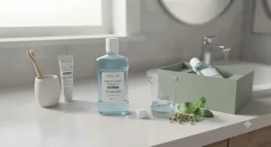 A clean bathroom sink area featuring a toothbrush, toothpaste, and a tumbler filled with ORALME Gentle Care Oral Rinse ready for use.