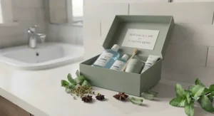 An elegant, closed sage-green gift box containing ORALME Gentle Care products, tied with a cream ribbon on a quartz bathroom counter.