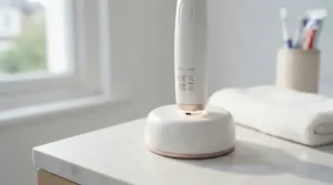A white rechargeable electric gum massager seated upright on its compact, rose-gold accented charging dock, placed on a clean marble bathroom countertop with a folded flannel in the background.