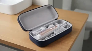 Sleek rechargeable electric toothbrush and charging base neatly organised on a bathroom countertop.