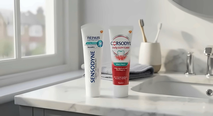 A professional, photorealistic 4K photograph of Sensodyne Repair and Protect Extra Fresh and Corsodyl Daily Gum Care toothpaste tubes standing side-by-side on a clean marble bathroom vanity. Natural daylight streams from a window to the left, highlighting product details and textures. Sensodyne Repair and Protect vs Corsodyl