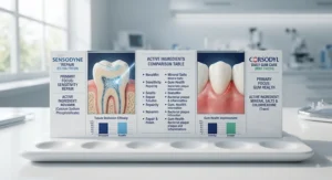 A photorealistic studio display featuring a clean, backlit acrylic decision matrix. On one side, Sensodyne Repair and Protect is summarised for 'Sensitivity Relief'. On the other, Corsodyl Daily Gum Care is summarised for 'Gum Care', helping UK consumers make an informed choice.