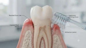 Anatomical cross-section highlighting exposed tooth roots caused by aggressive brushing habits.