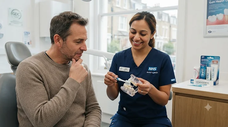 A dentist demonstrating how to use an extra soft bristle toothbrush on a dental model to protect receding gums. soft bristle toothbrush for receding gums