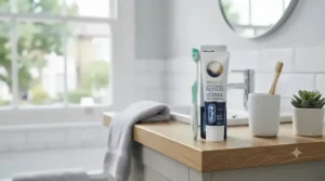 A complete toothbrush and toothpaste set for gum recession displayed on a clean bathroom counter, featuring soft bristles and sensitive formulation.