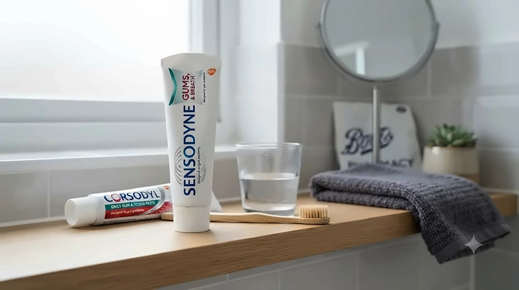 Tube of toothpaste for bleeding gums on a clean bathroom sink, recommended by UK dentists. toothpaste for bleeding gums