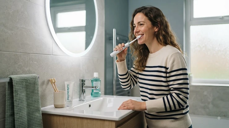 Person using toothpaste for gum recession formulated to protect sensitive teeth and gums in the UK. toothpaste for gum recession