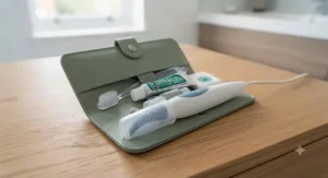 Compact rubber tip stimulator stored in a hygienic travel case for on-the-go use.