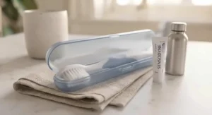 Compact travel case and soft bristle toothbrush ideal for commuters and trips across the UK.