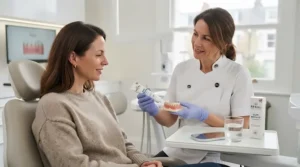 A British dental professional discussing oral hygiene and gum protection options in a modern clinic.