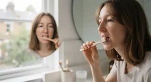 A person brushing their teeth in front of a bathroom mirror as part of their daily oral hygiene routine.