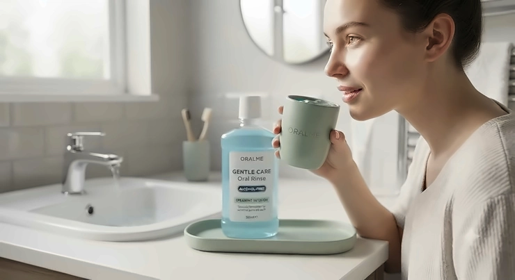 A woman in a modern bathroom setting about to rinse with ORALME Gentle Care Oral Rinse from a small ceramic tumbler. alcohol-free mouthwash for sensitive gums