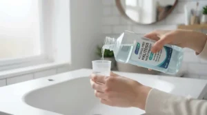 Close-up of a gentle mouthwash formula being poured, highlighting its soothing properties for sensitive mouths.