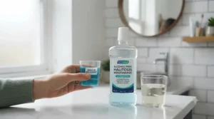 Infographic comparing the benefits of alcohol-free halitosis mouthwash against traditional formulas for sensitive gums.