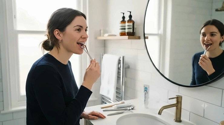 A stainless steel tongue scraper being used in a bathroom mirror reflection to combat bad breath as part of a daily oral hygiene routine. tongue scraper for bad breath