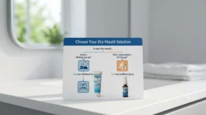 Decision flowchart helping UK patients choose whether a dry mouth spray or a gel best suits their daily routine.
