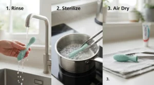 Step-by-step guide on boiling and storing a gum massage tool for post-dental-surgery care to maintain hygiene.
