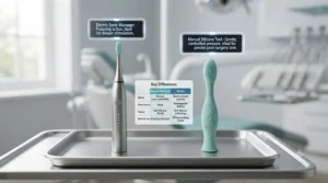 Side-by-side comparison chart of manual and electric options for a gum massage tool for post-dental-surgery care.