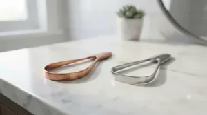 Comparison of antimicrobial copper and durable stainless steel tongue cleaners side by side on a clean white surface.