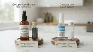 A minimalist infographic breaking down the cost-per-use and longevity of natural breath spray vs mint breath spray.