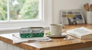 Incorporating probiotic mints into a morning wellness routine alongside a cup of British tea.
