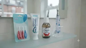 A neatly organised bathroom shelf featuring a gum stimulator, fluoride toothpaste, and mouthwash for daily UK dental care.
