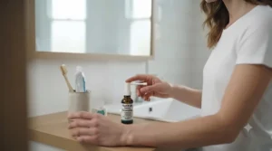 A person incorporating a refreshing throat spray into their morning bathroom routine next to their toothbrush.
